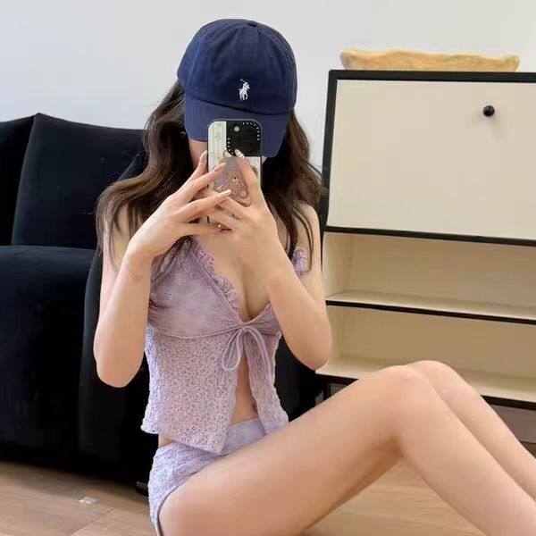 泳衣女2025新款纯欲香芋紫色蕾丝吊带分体比基尼小胸绝美温泉度假