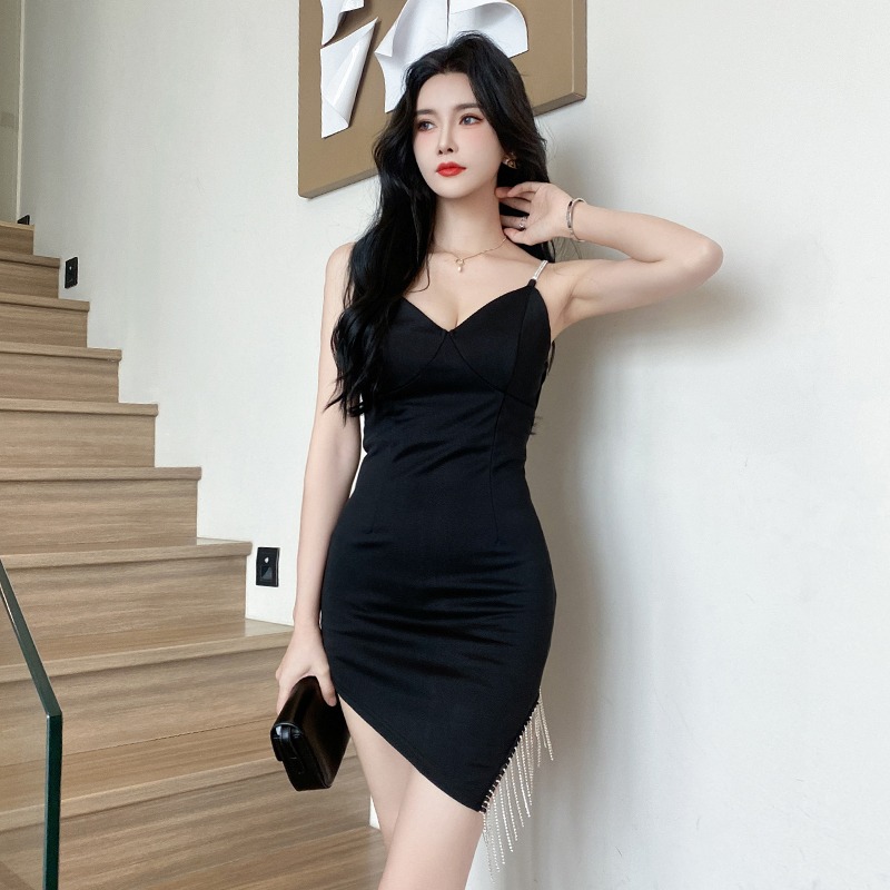 夜场KTV小姐性感连衣裙吊带包臀小黑裙夜店女装气质桑拿技师工服