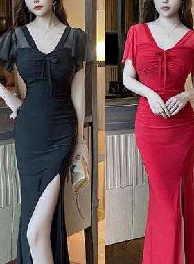 夜总店性感连衣裙2024新款黑色深v晚礼服女高级感柔式技师工作服