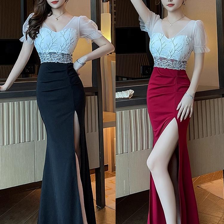 晚礼服连衣裙修身褶皱开衩长裙子