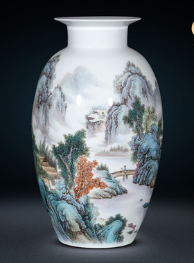 景德镇陶瓷器名家手绘粉彩山水花瓶摆件中式客厅玄关收藏装饰瓷瓶