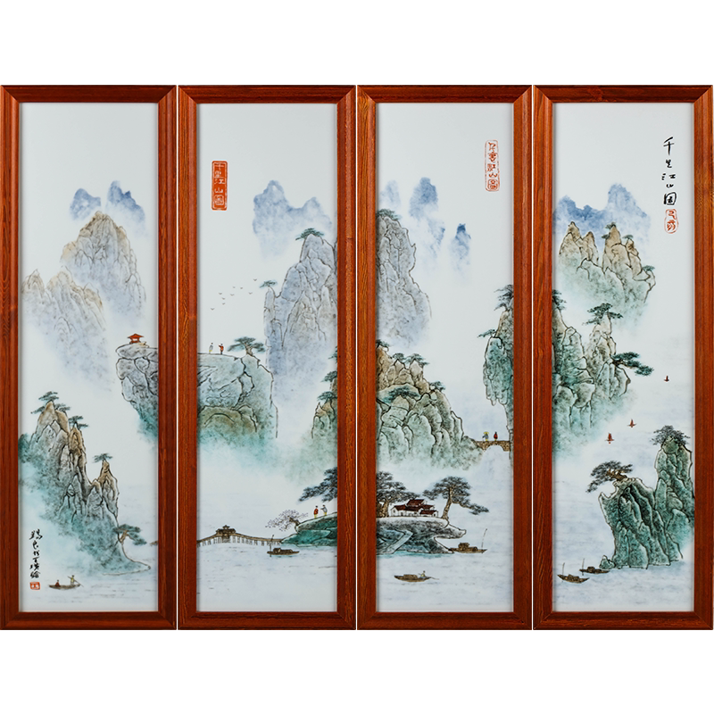 名师粉彩瓷板画四条屏