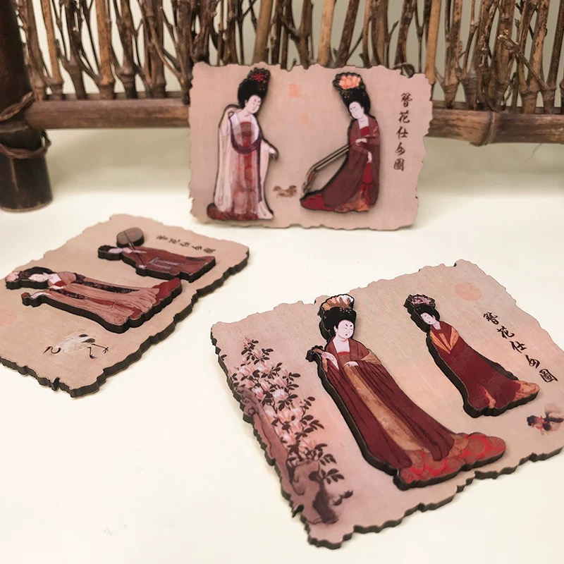 唐代簪花仕女图复古木质冰箱贴