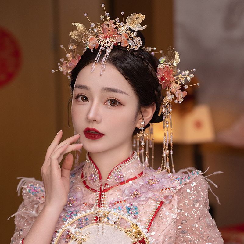 新款浅色琉璃中式流苏结婚饰品发饰秀禾服龙凤褂配饰新娘头饰套装