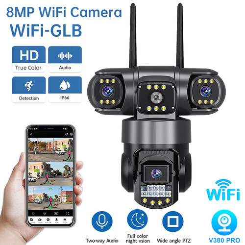 V380pro无线摄像头三镜头WiFi/4g摄像机日夜全彩手机远程室外8MP
