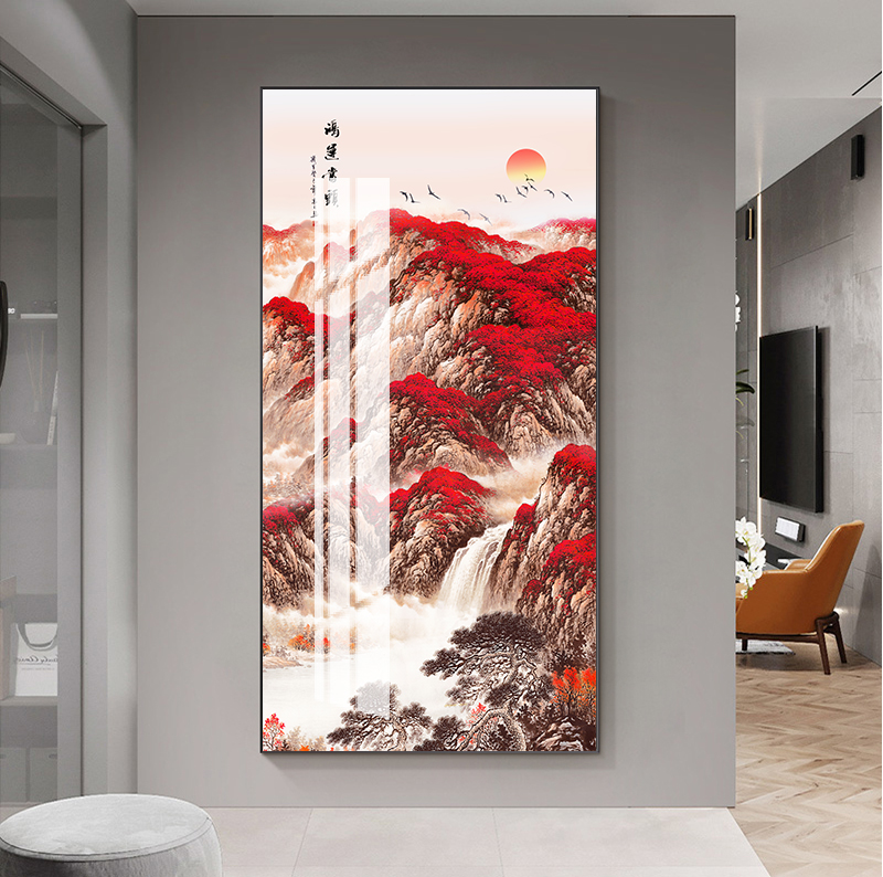 新中式山水玄关装饰画酒店走廊过道晶瓷入户壁画镶钻大气客厅挂画图片