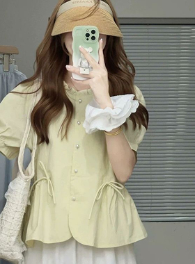 法式慵懒风蓝色泡泡袖衬衫女夏季2025新款小个子小众休闲短袖上衣