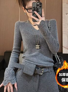 加厚德绒灰色蕾丝拼接v领长袖T恤女秋冬修身显瘦独特漂亮内搭衬衫