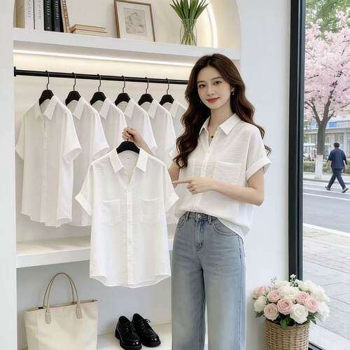 新款潮宽松遮肚洋气上档次雪纺衬衣上衣女夏季薄款衬衫短袖女