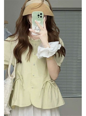 法式慵懒风蓝色泡泡袖衬衫女夏季2025新款小个子小众休闲短袖上衣