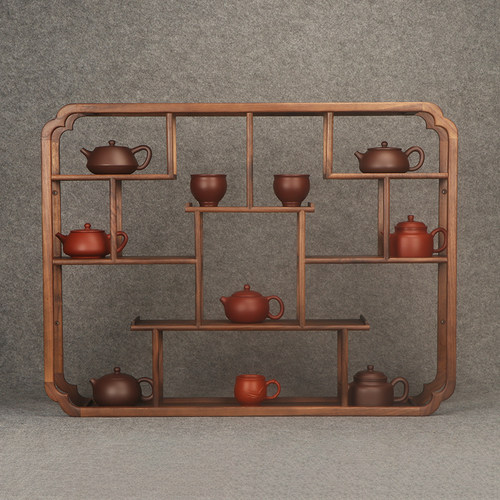 悠闲德财博古架北美黑胡桃木壁挂收纳架茶壶架子茶杯架墙上置物架