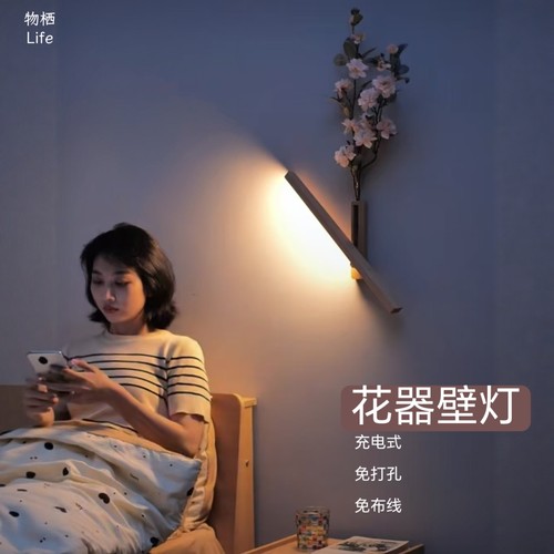 实木创意花器壁灯装饰灯免布线充电夜灯客厅卧室床头过道感应壁灯