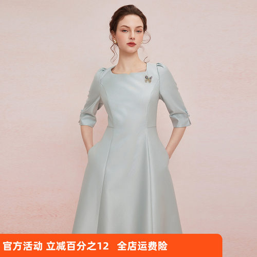 斯尔丽25夏季新款气质轻奢法式修身送镶钻胸花宴会礼服显高连衣裙