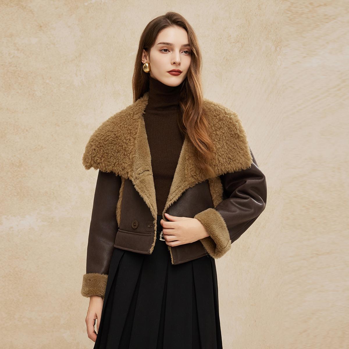 斯尔丽2024冬季新款皮毛一体大翻领时尚减龄外套