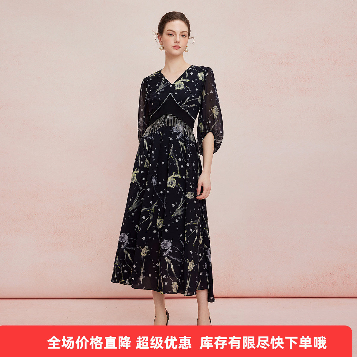 斯尔丽25新款法式浪漫荷叶边腰间流苏显高显瘦散大摆碎花连衣裙