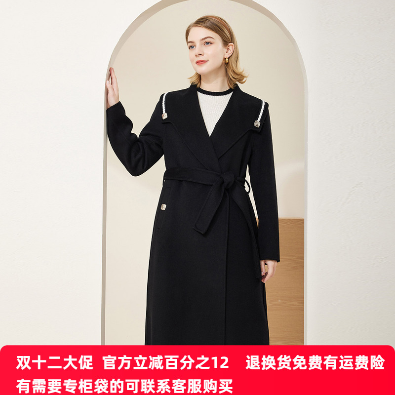 斯尔丽瑟俪2022年冬上新商场同款精致撞色边海军领束腰带大衣外套