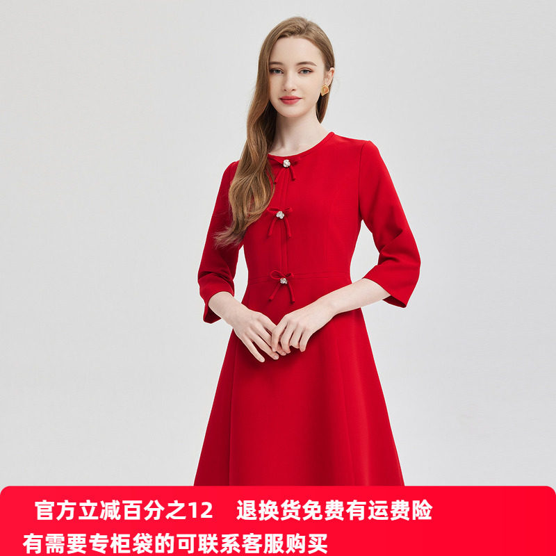 斯尔丽2024春夏时尚减龄收腰手工蝴蝶结显高显瘦小礼服连衣裙