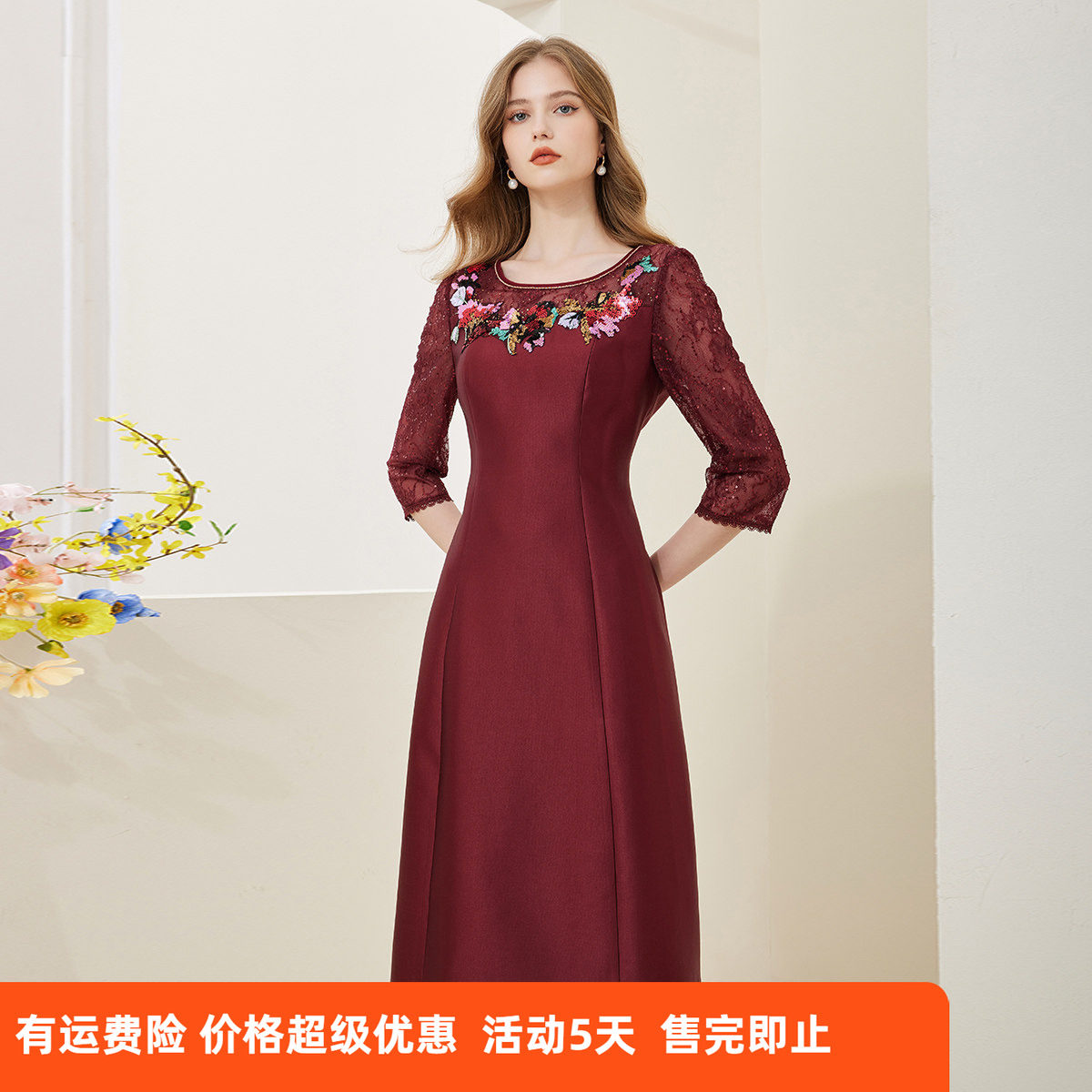 斯尔丽春季新款圆领修身A摆贴花小礼服裙A摆中长连衣裙