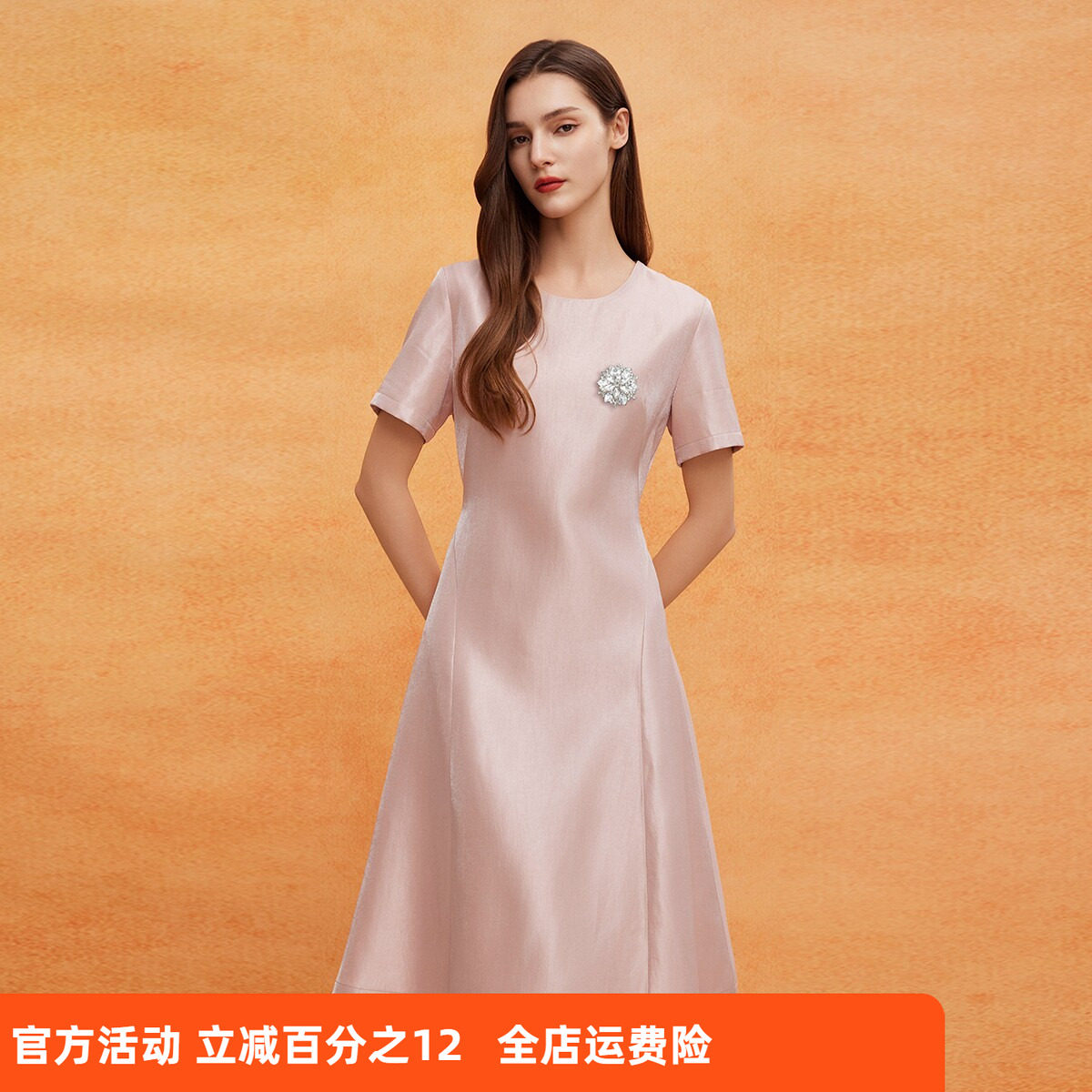 斯尔丽2025新款法式浪漫优雅丝毛小礼服收腰放摆配胸针连衣裙