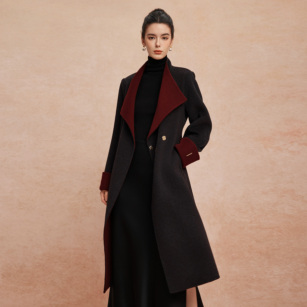 斯尔丽25新款双面双色修长显瘦气质长款羊毛大衣