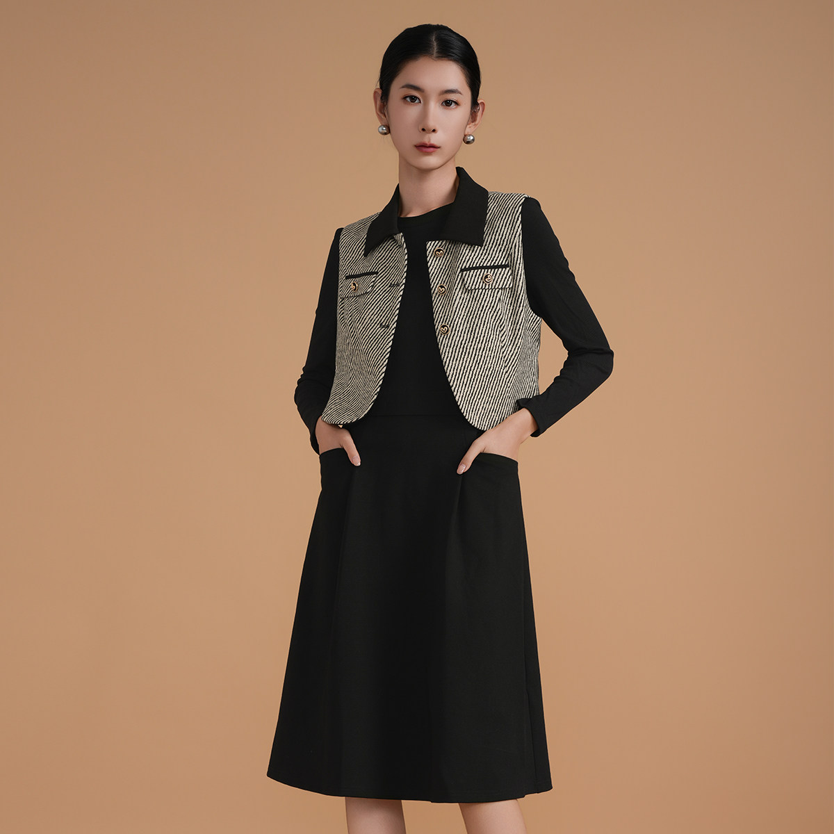 斯尔丽小香风长袖二件套时尚套装条纹春秋款翻领女装马甲