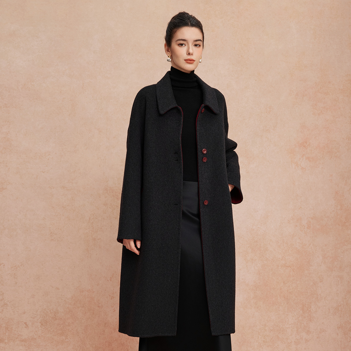 斯尔丽2025新款双面双色宽松廓形慵懒风简洁大方羊毛大衣