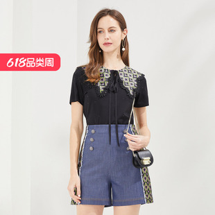 斯尔丽瑟俪2021秋季新款可脱卸烫钻披肩式经典t恤