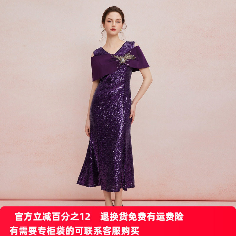 斯尔丽25夏季新款宴会礼服亮片绣花喜婆婆气质优雅贵气连衣裙