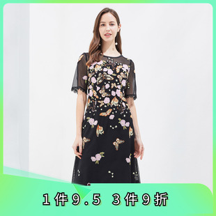 蕾丝连衣裙 斯尔丽瑟俪2021年春夏上新优雅小圆领蝴蝶花定位绣修身