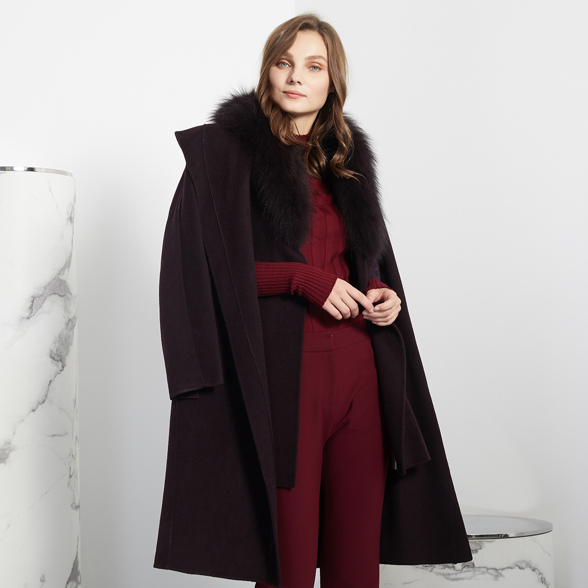 斯尔丽瑟俪新款两件套大狐狸毛领内外两穿长款羊毛呢大衣