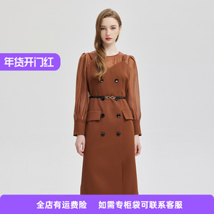 斯尔丽2024春季新款假两件式性感通透内搭双排扣职业高级感连衣裙