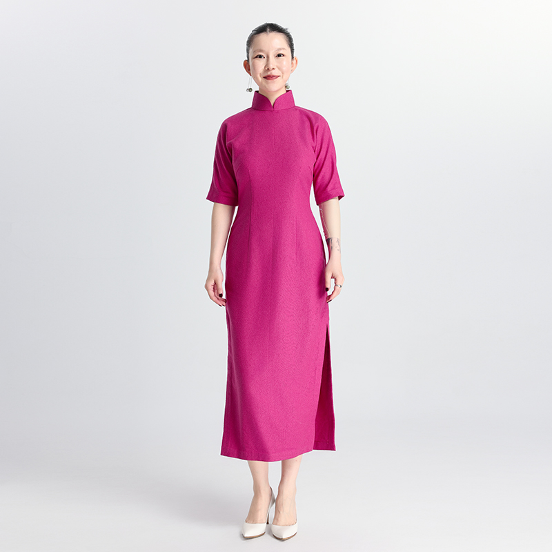 王逆天原创旗袍/玫红色显白敬酒服时尚修身手工柞蚕丝中长款旗袍