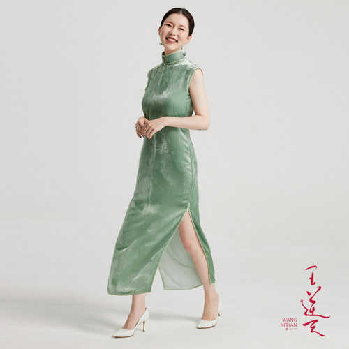 【静好】真丝丝绒碧绿色无袖大开襟王逆天复古单旗袍