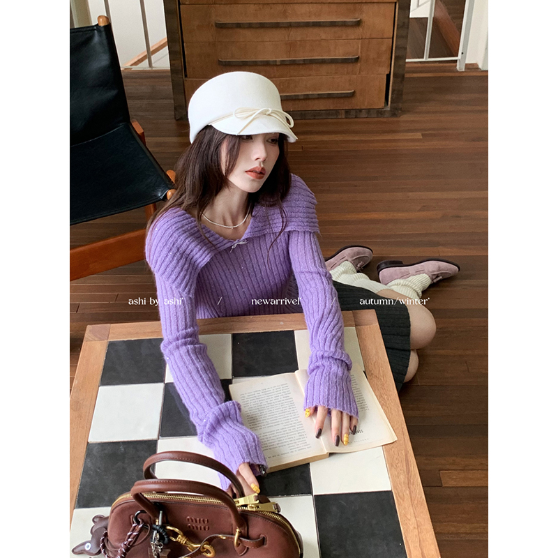 大于诗集 微醺百利甜 翻领蝴蝶结亮片毛衣女修身显瘦设计感针织衫