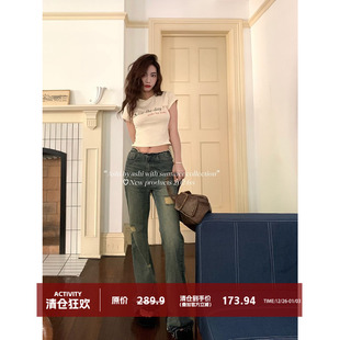 毛边高腰显瘦拖地阔腿裤 大于诗集街头chill 破洞设计微喇叭牛仔裤