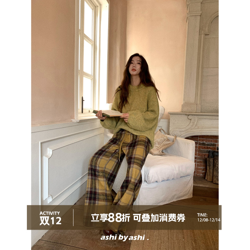 大于诗集 格调派对 美式复古宽松显瘦直筒裤女抽绳格子呢料休闲裤