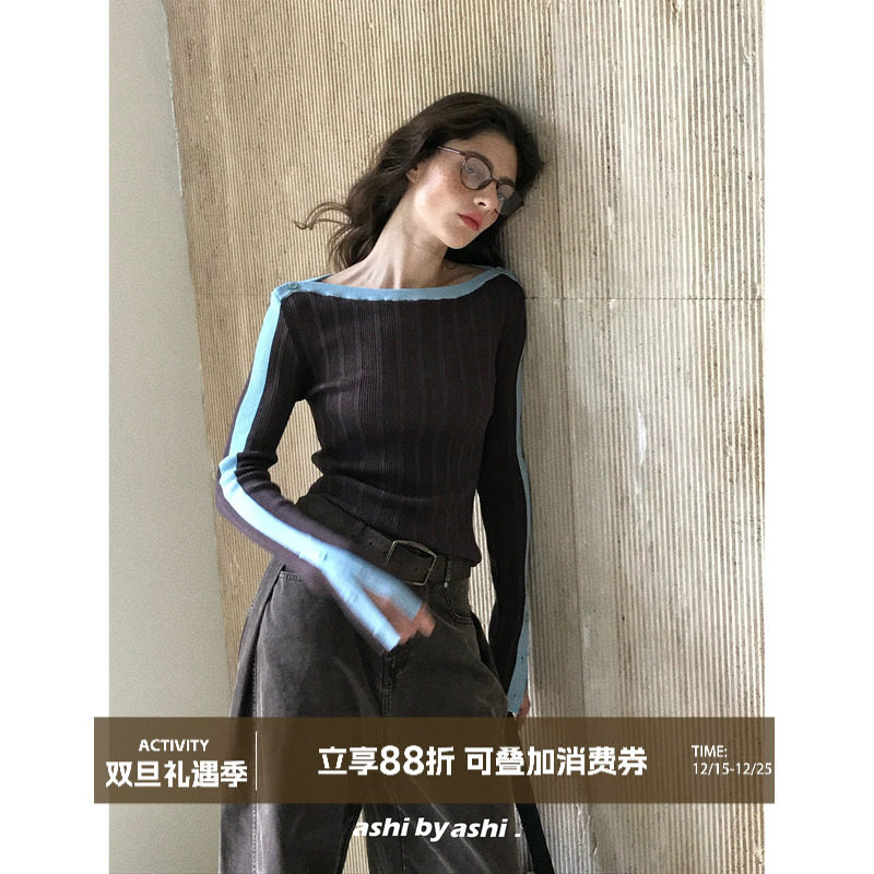 大于诗集 高智感达人 撞色坑条一字肩开叉长袖修身打底针织衫上衣