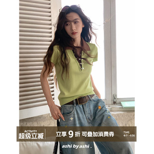 V领撞色假两件Polo领针织衫 大于诗集 最初 记忆 T恤春 女软糯短袖