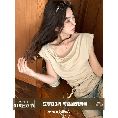 大于诗集 时光旅人 天丝两穿褶皱一字领系带T恤女垂坠荡领上衣夏