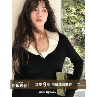 旧时画报 打底衫 法式 长袖 复古6羊毛撞色V领玫瑰花针织衫 大于诗集