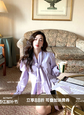 大于诗集 南法卢浮 法式宫廷风V领衬衣女立体花收腰泡泡袖衬衫春
