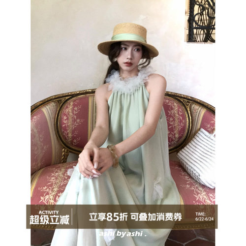 大于诗集 小苍兰与coco小姐 法式立体花朵无袖挂脖连衣雪纺长裙夏