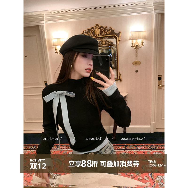大于诗集 塞纳河左岸 撞色拼接假两件蝴蝶结半高领针织衫女上衣
