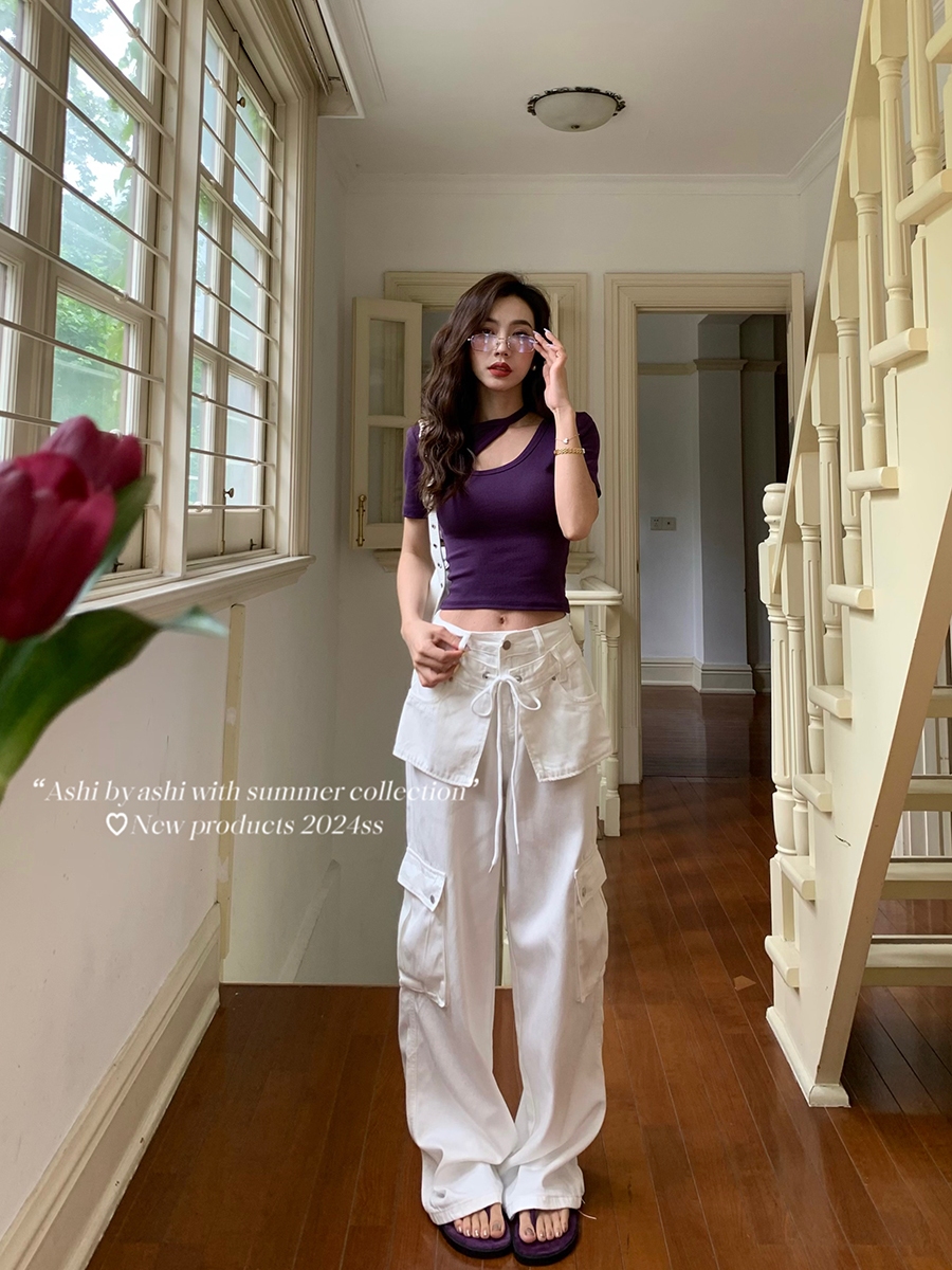 高腰通勤大于诗集长裤口袋休闲裤