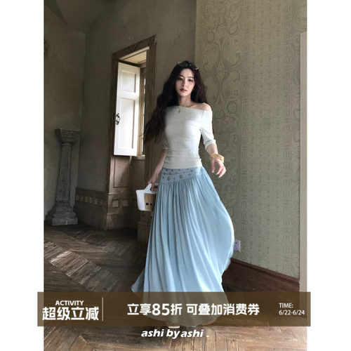 大于诗集 半香缇卡 度假风重工烫钻波嬉复古低腰A字半身长裙女夏