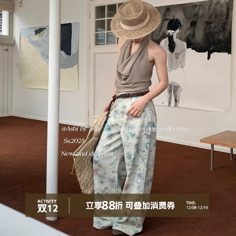 大于诗集 花开半夏 复古彩绘高腰宽松显瘦阔腿裤女印花拖地牛仔裤