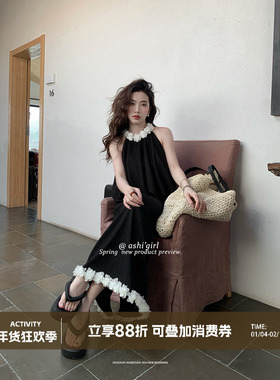 大于诗集手工立体花瓣短款无袖背心上衣女小个子黑色半身长裙夏季