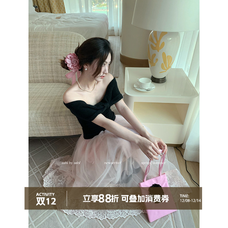 大于诗集 韩漫欧尼 蝴蝶结一字肩上衣T恤女抹胸修身显瘦针织衫春