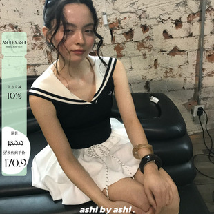 复古撞色海军领刺绣针织无袖 大于诗集夜航曲美式 背心女外穿夏上衣