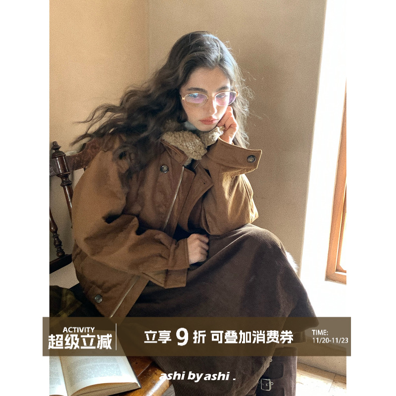 大于诗集 落日大道 翻领工装短款毛领夹克外套女焦糖色麂皮pu棉服